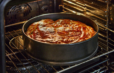 Poster - Apple pie in metal mold after baking in the oven