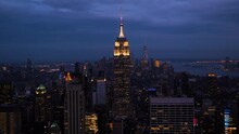 Night Aerial View Of Lower Manhattan New York City Empire State Building Chrysler Woolworth