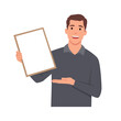 © lioputra - Young man holding or showing a blank clipboard. Flat vector illustration isolated on white background