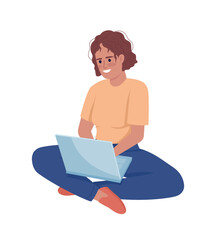 Poster - Woman with laptop semi flat color vector character. Editable figure. Full body person on white. Remote worker. Online studying simple cartoon style illustration for web graphic design and animation