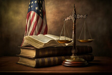 Scale Of Justice Symbolized By A Strong Illustration To Represent The American Court. It Is Accompanied By An American Flag And Law Books.