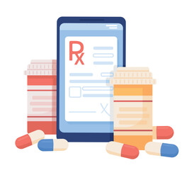 Poster - Online prescription semi flat color vector objects. Editable items. Full size element on white. Medicine pills. Telemedicine simple cartoon style illustration for web graphic design and animation
