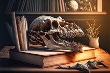 A Dinosaur Skull Surrounded By Vintage Paleontological Instruments On A Luxurious Desk. Bourgeois & Retro Atmosphere For A Unique & Timeless Look.