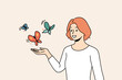 © Dzianis Vasilyeu - Smiling young woman with butterflies flying near hand. Happy female enjoy wild nature and outdoors. Vector illustration.