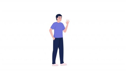 Poster - Animated male character waving. Young man greeting. Hello gesture. Full body flat person on white background with alpha channel transparency. Colorful cartoon style HD video footage for animation