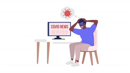 Poster - Animated reading news character. Panic anxiety. Covid spread rate. Full body flat person on white background with alpha channel transparency. Colorful cartoon style HD video footage for animation