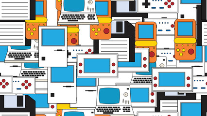 Poster - Seamless pattern endless with electronics and technology computer game consoles old retro vintage hipster from 70s, 80s, 90s isolated on white background. Vector illustration