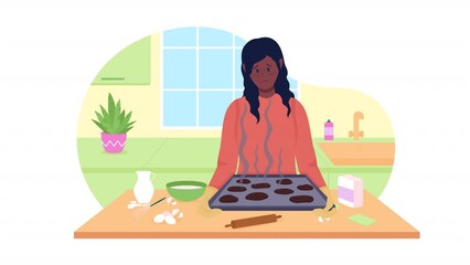 Poster - Animated disappointed woman. Looped flat 2D character HD video footage. Burnt cookies colorful isolated animation on white background with alpha channel transparency for website, social media