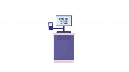 Poster - Animated client service etiquette. Flat cartoon style HD video footage. Self-service checkout machine color illustration on white background with alpha channel transparency for animation