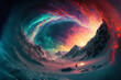 Leinwandbild Motiv abstract graphic design, wallpaper background, a glorious galaxy rise from the surface of an ocean planet