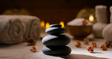 Beautiful Composition Of Various Spa Bodycare Supplements. Close Up Shot Of Massage Hot Stones With Bath Salt, Towels And Candles On Background 