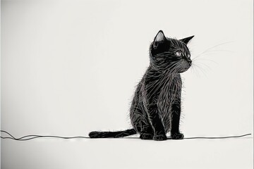 Wall Mural - a black cat sitting on top of a white floor next to a wire and a white wall with a black cat on it's head and a black and white background with a white background.