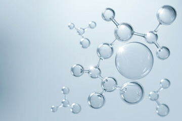 cosmetic essence, liquid bubble, molecule inside liquid bubble on dna water splash background, 3d re