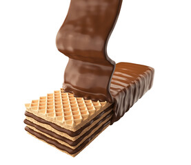 Poster - crispy wafer with chocolate Splash, Waffle isolated on background with Clipping path 3d illustration.