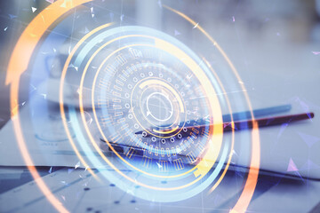 Poster - Computer on desktop in office with technology theme hologram. Double exposure. Tech concept.
