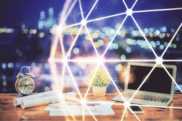 Aufkleber - Computer on desktop with social network hologram. Double exposure. Concept of international people connections.