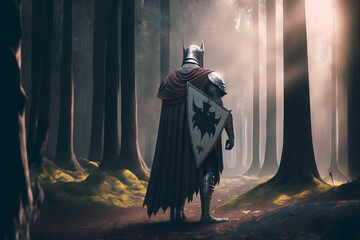 A knight with a broken shield and torn cape standing in a forest, cinematic lighting, illustration digital generative ai design art style