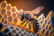 Leinwanddruck Bild - close up of a bee on honeycomb with honey, realistic, dark background, studio,  illustration digital generative ai design art style