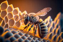 Close Up Of A Bee On Honeycomb With Honey, Realistic, Dark Background, Studio,  Illustration Digital Generative Ai Design Art Style