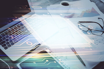Poster - Double exposure of table with computer on background and data theme drawing. Concept of innovation.
