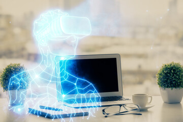 Poster - Computer on desktop with AR theme icon. Multi exposure. Concept of augmented reality.