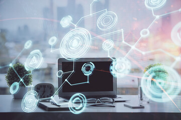 Poster - Computer on desktop with social network hologram. Double exposure. Concept of international people connections.