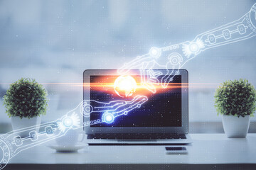 Aufkleber - Double exposure of table with computer on background and data theme drawing. Concept of innovation.