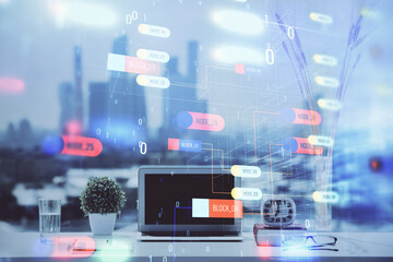Poster - Multi exposure of table with computer on background and data theme drawing. Concept of innovation.