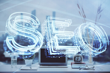 Aufkleber - Double exposure of table with computer and seo drawing hologram. Search optimization concept.