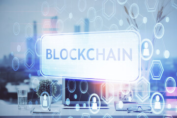 Poster - Double exposure of blockchain and crypto economy theme hologram and table with computer background. Concept of bitcoin cryptocurrency.