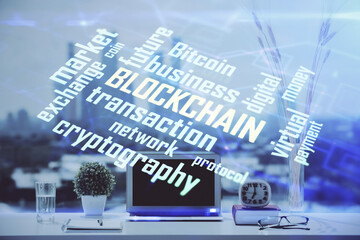 Aufkleber - Double exposure of blockchain and crypto economy theme hologram and table with computer background. Concept of bitcoin cryptocurrency.
