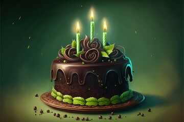 Sticker - a chocolate cake with lit candles on a plate with leaves and sprinkles on it.