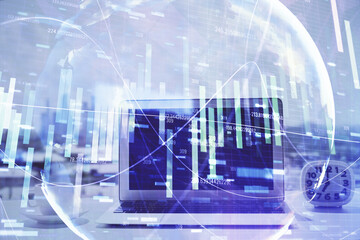 Poster - Double exposure of business theme icons and work space with computer background. Concept of success.