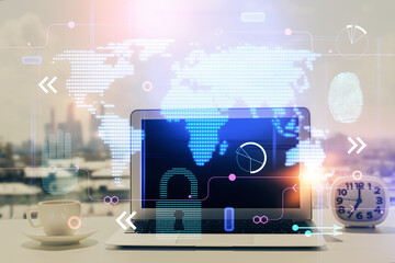 Aufkleber - Double exposure of desktop with computer and world map hologram. International data network concept.
