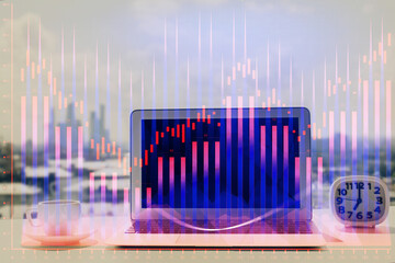 Poster - Forex Chart hologram on table with computer background. Double exposure. Concept of financial markets.