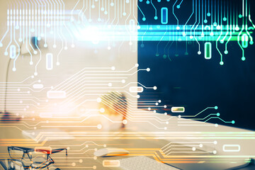 Poster - Double exposure of desktop computer and technology theme hologram. Concept of software development.