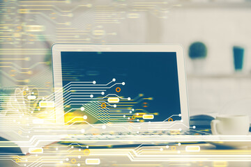 Poster - Double exposure of desktop computer and technology theme hologram. Concept of software development.