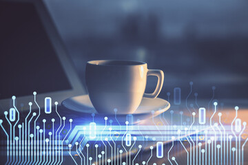 Poster - Double exposure of desktop computer and technology theme hologram. Concept of software development.