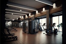 Contemporary spotless fitness gym center interior. generative ai