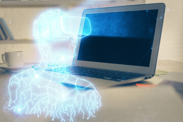 Poster - Computer on desktop with AR theme icon. Multi exposure. Concept of augmented reality.
