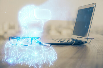 Poster - Computer on desktop with AR theme icon. Multi exposure. Concept of augmented reality.