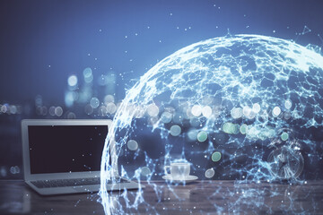 Poster - Computer on desktop with social network theme icon. Multi exposure. Concept of international connections.
