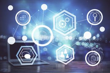 Poster - Computer on desktop with social network theme icon. Multi exposure. Concept of international connections.