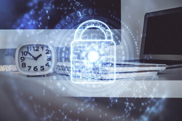 Poster - Double exposure of desktop with computer and lock icon hologram. Concept of data safety.
