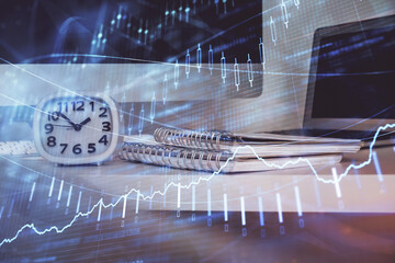 Poster - Forex Chart hologram on table with computer background. Double exposure. Concept of financial markets.