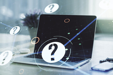 Aufkleber - Creative abstract question mark hologram on modern computer background, future technology concept. Multi exposure