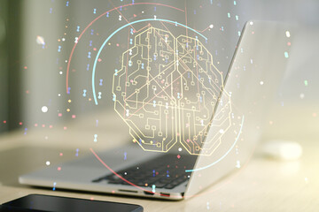 Poster - Double exposure of creative human brain microcircuit with computer on background. Future technology and AI concept