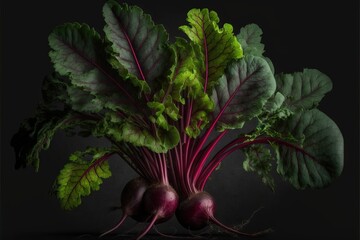 Sticker - a bunch of radishes with green leaves on a black background with a black background behind them and a black background behind them.