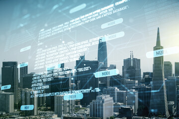 Fototapete - Multi exposure of abstract creative coding sketch on San Francisco city skyline background, artificial intelligence and neural networks concept