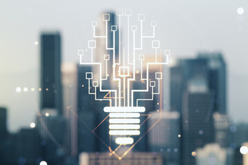 Poster - Virtual creative idea concept with light bulb and microcircuit illustration on blurry skyline background. Neural networks and machine learning concept. Multiexposure